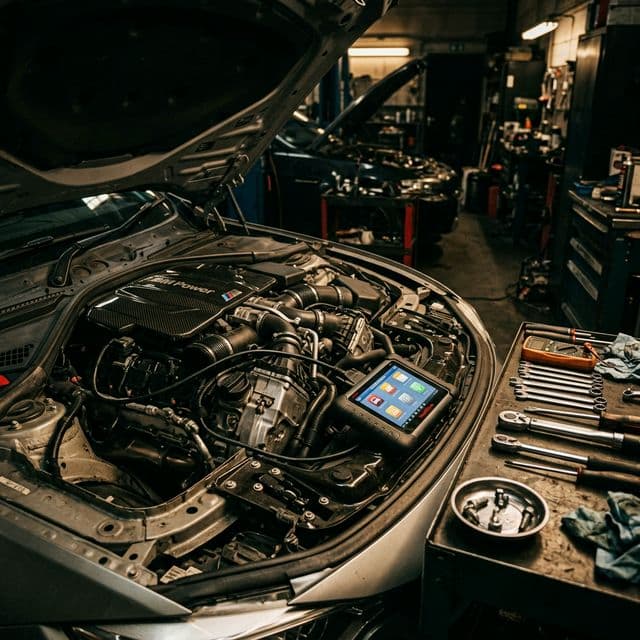 Car engine bay with professional diagnostic equipment and tools