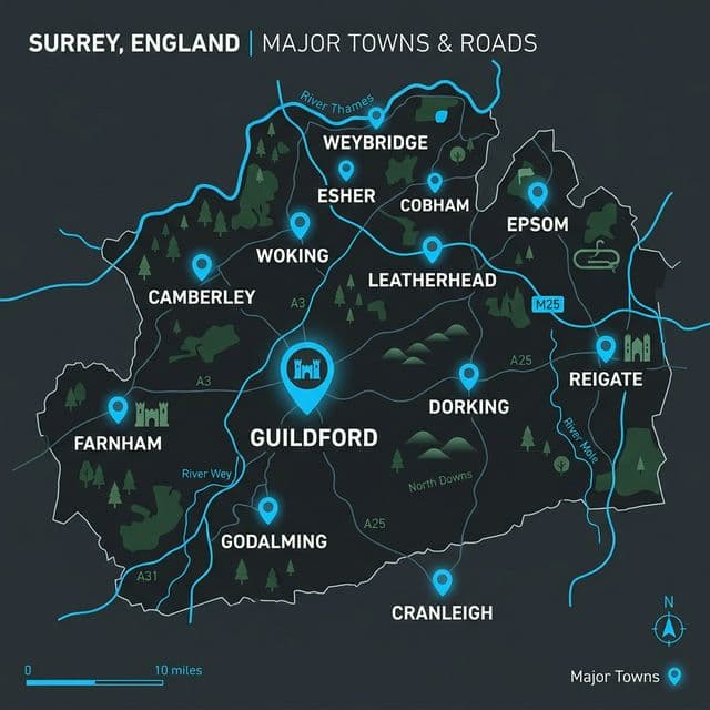 Map of Surrey showing BPR Autos coverage areas including Guildford, Woking, Epsom, and surrounding towns